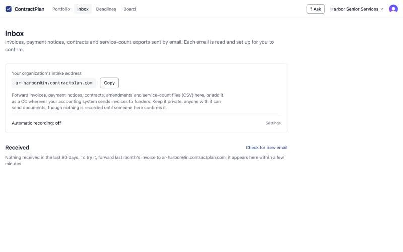 Inbox page showing the organization’s intake address (an example) and how to forward invoices to it.