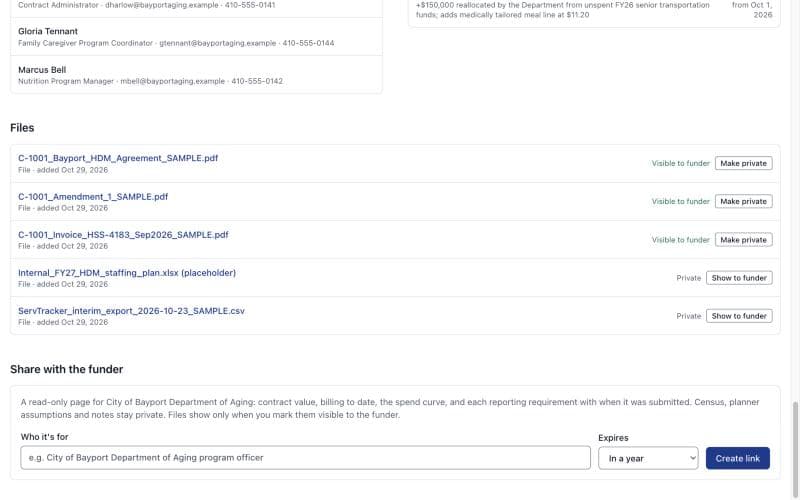 A contract’s files, each marked visible to the funder or private, and the form to create a read-only funder link.